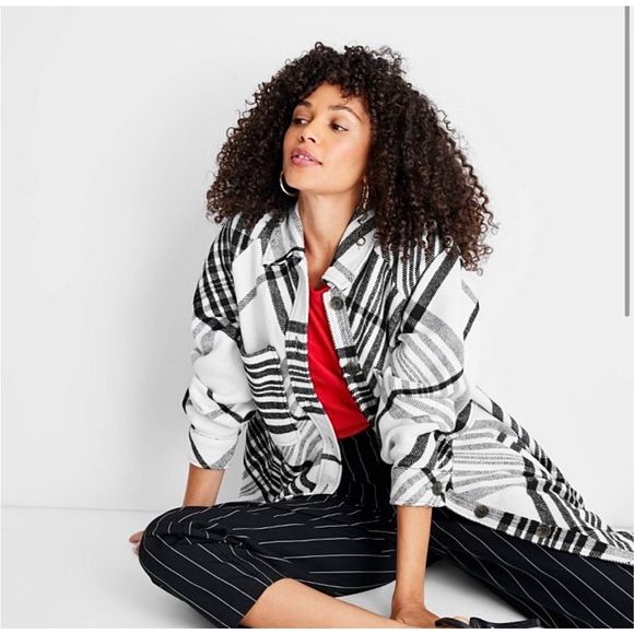 Future Collective B&W Shirred Plaid Flannel Shacket L - Picture 1 of 6